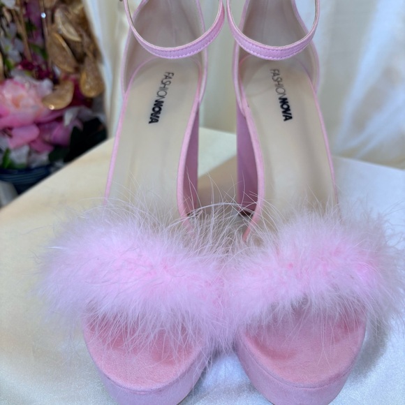 Fashion Nova Pink Fuzzy Slipper Heels- 9 - Picture 1 of 7